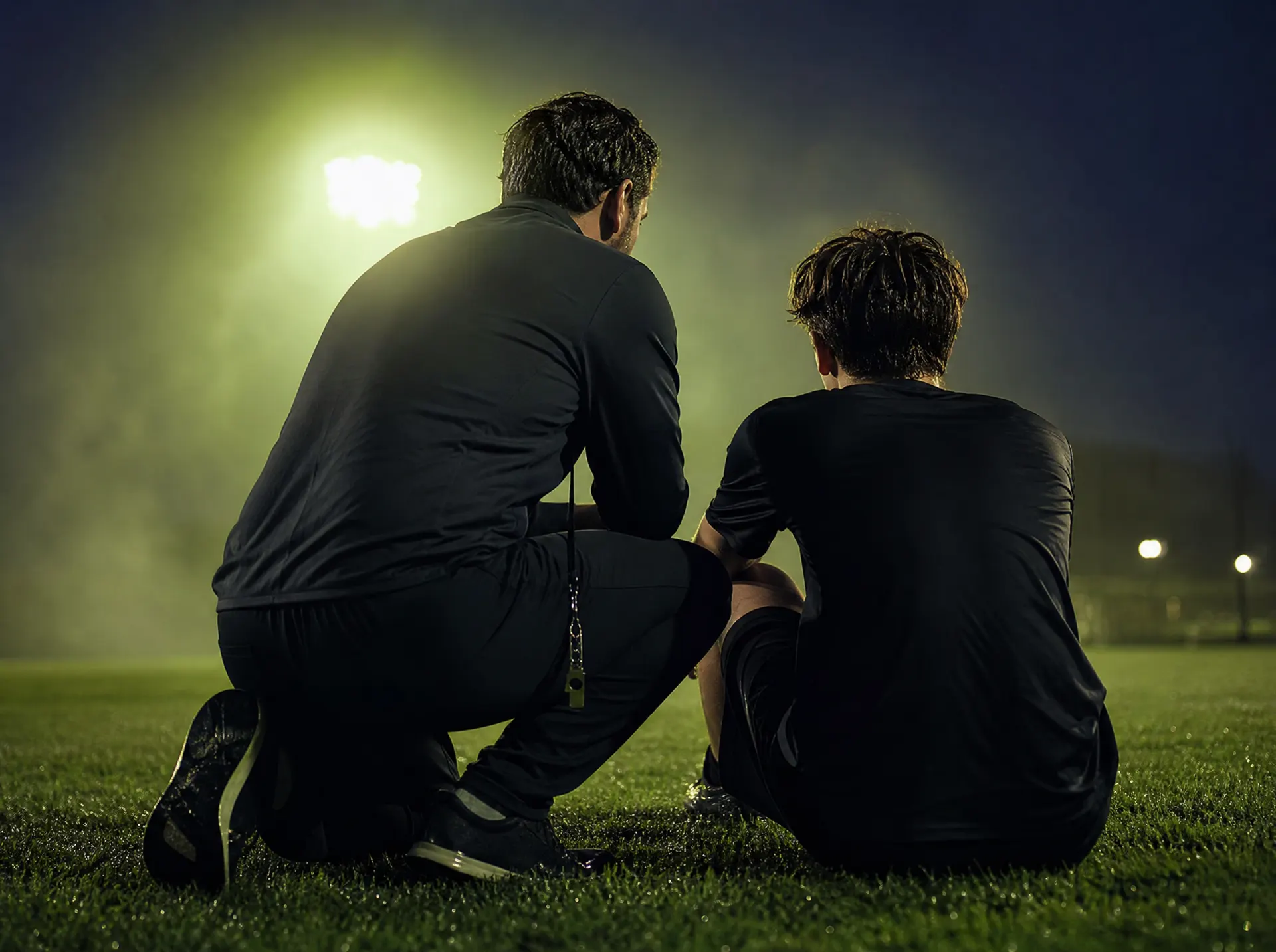 A coach kneeling at field level to talk with a young athlete