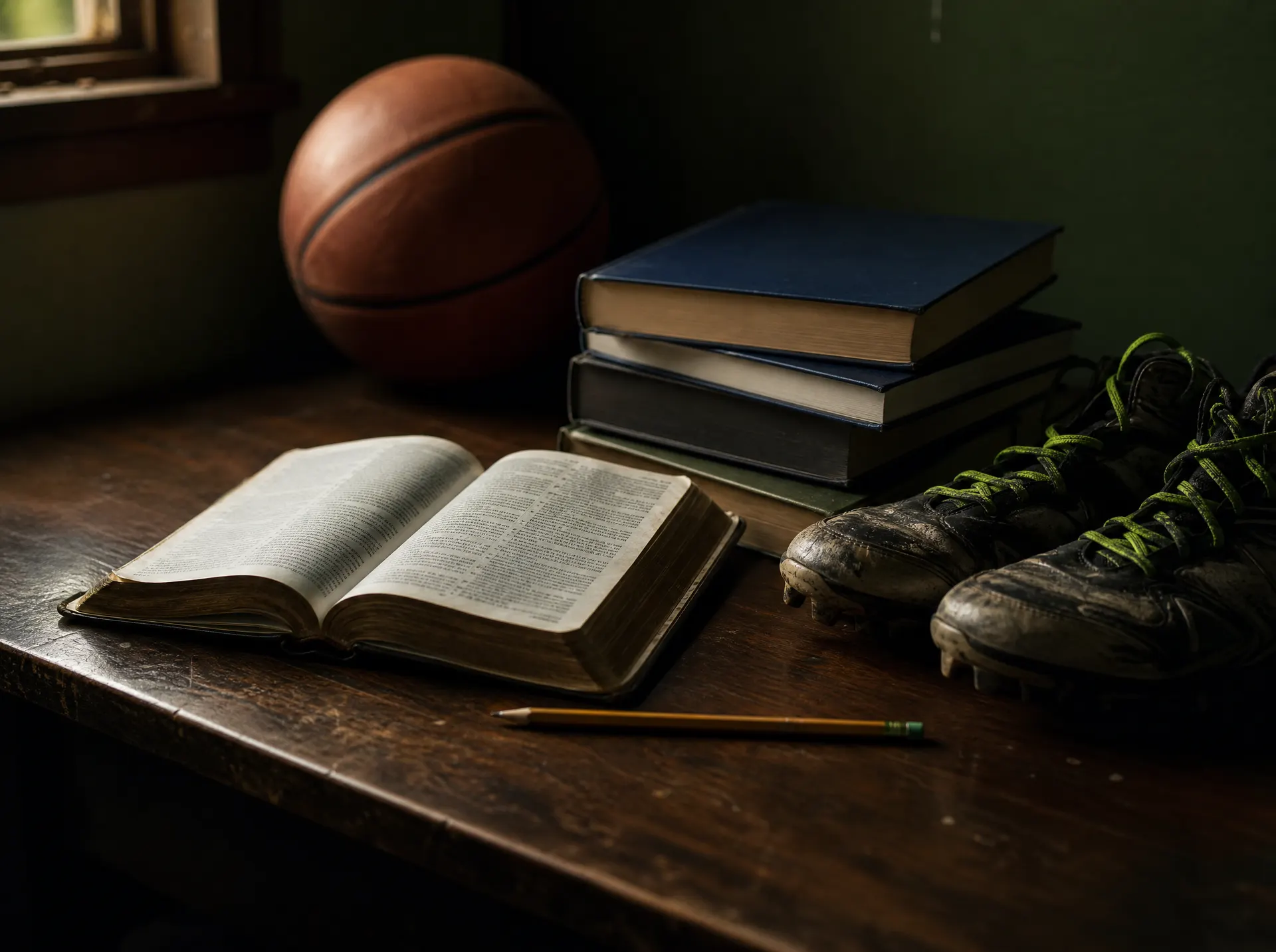 An open Bible, textbooks, and cleats on a school desk