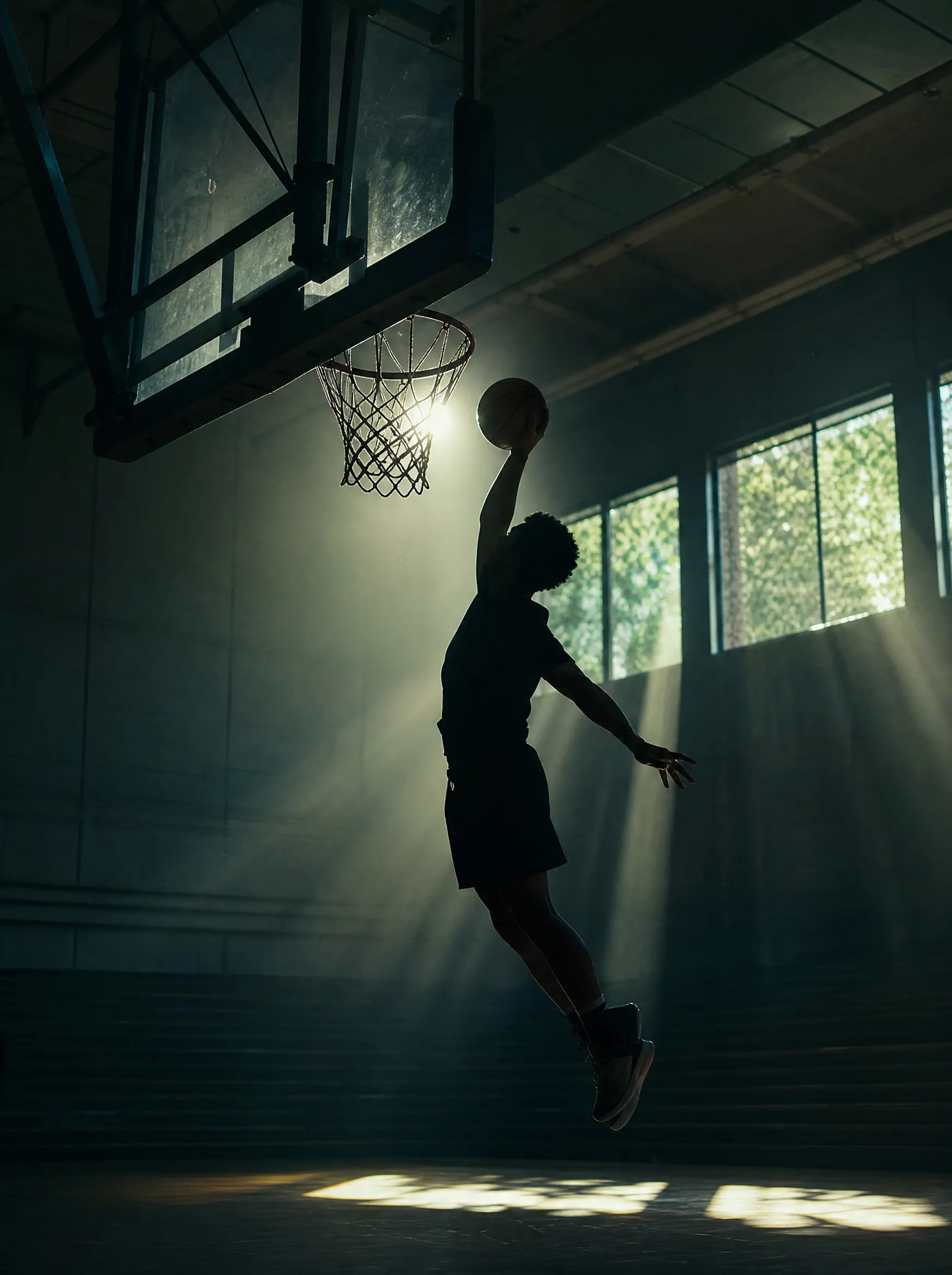 A basketball player rising toward the rim in a sunlit gym