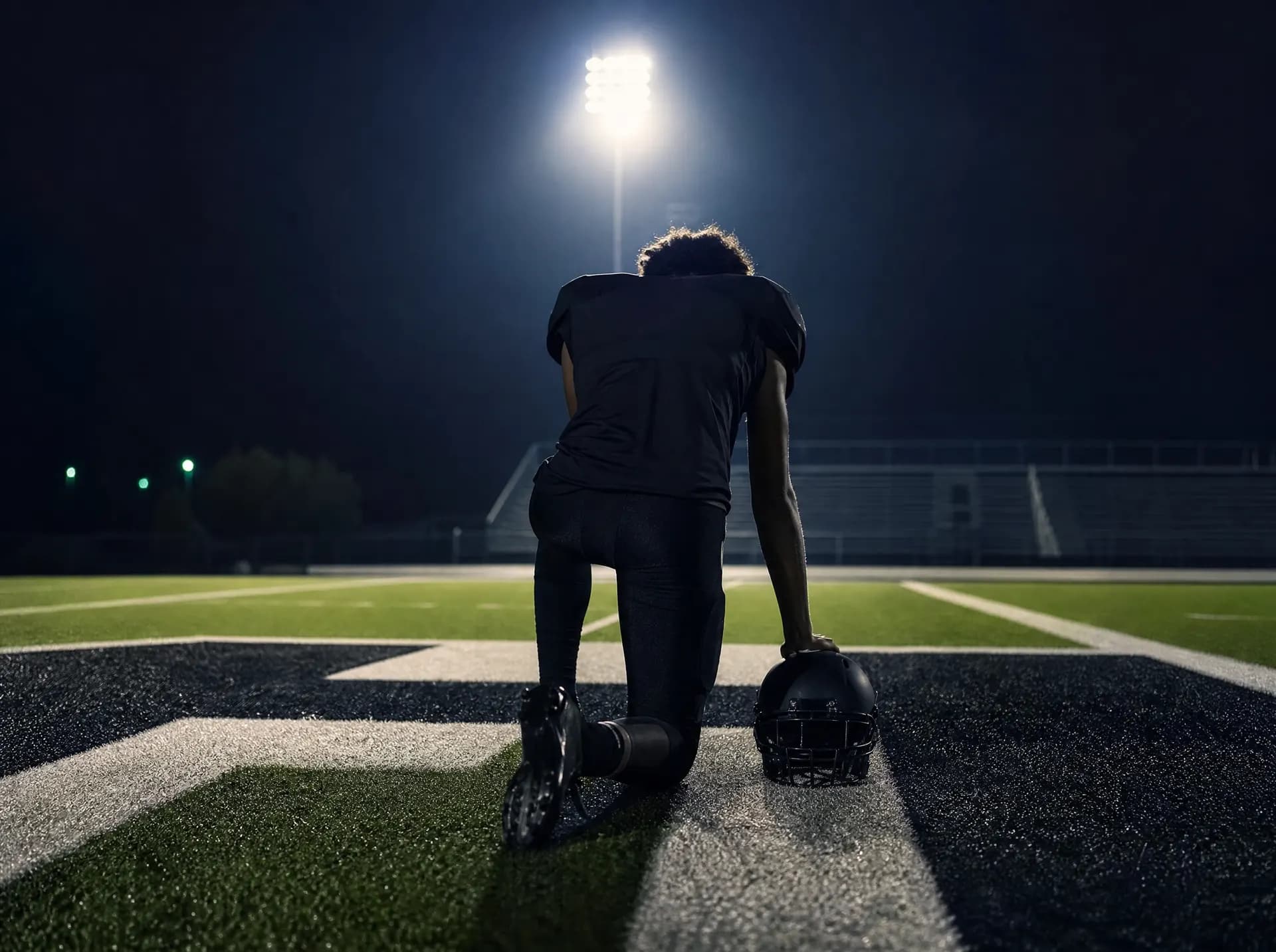A football player kneeling in prayer in an empty end zone under stadium lights
